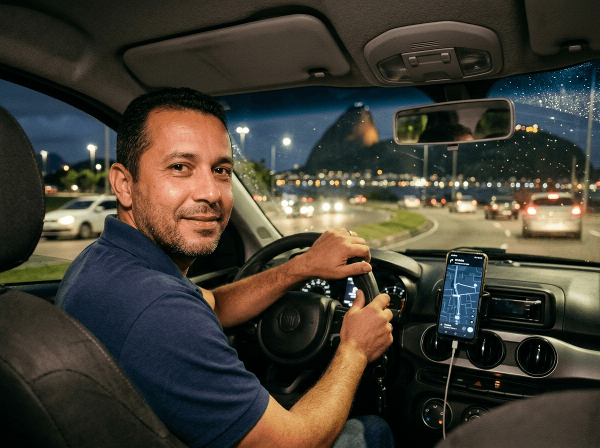 Motorista de aplicativo ao volante à noite, com a cidade do Rio iluminada ao fundo