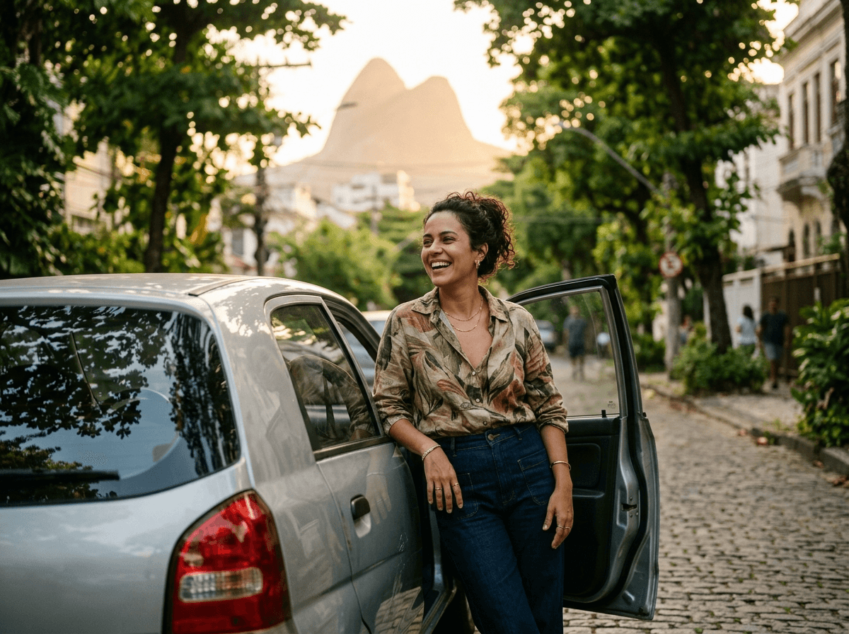 Motorista sorrindo ao lado do seu carro em uma rua de Botafogo, com o Pão de Açúcar ao fundo
